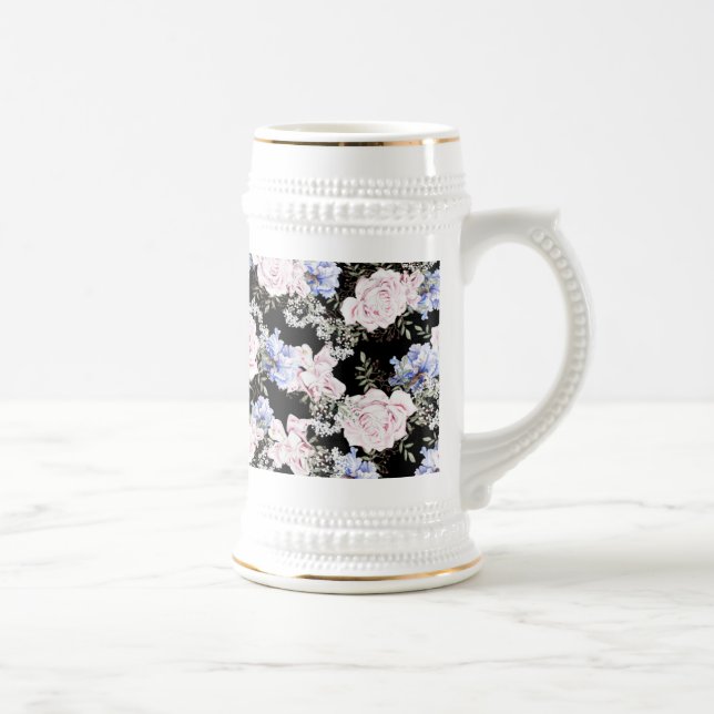 Caneca De Cerveja Belo Padrão Floral Rosas Iris Azul Rosa (Direita)