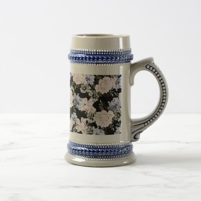 Caneca De Cerveja Belo Padrão Floral Rosas Iris Azul Rosa (Direita)