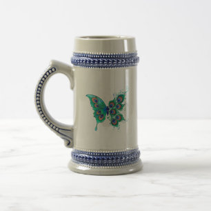Caneca De Cerveja Borboleta com Penas de Pavão Verde