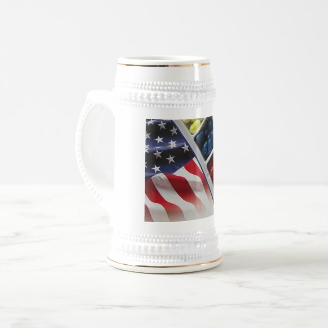 Caneca de cerveja branca e azul-americana/Dourada  (Frente Esquerda)