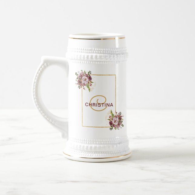 Caneca De Cerveja Bridesmaid Floral Dourada Rosa Elegante (Esquerda)