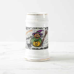 Caneca De Cerveja Bruxa, Gato, Bat e Pumpkin, Feliz Halloween!