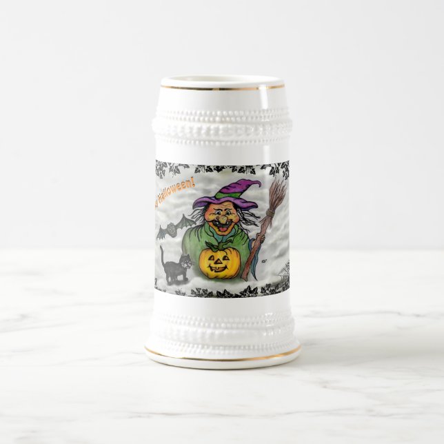 Caneca De Cerveja Bruxa, Gato, Bat e Pumpkin, Feliz Halloween! (Centro)