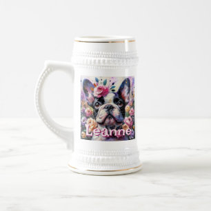 Caneca De Cerveja Bulldog Francês com Rosas Floral Personalizado