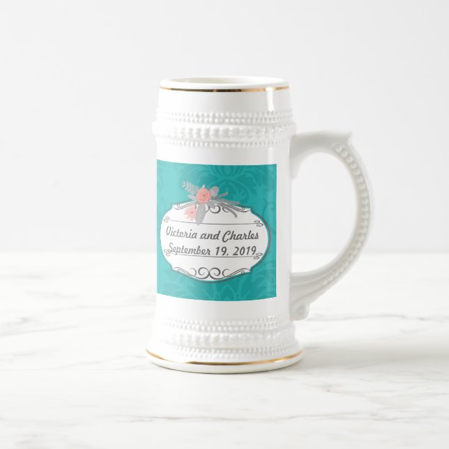 Caneca De Cerveja Casamento tema damasco de Chartreuse Turquoise Mod (Direita)
