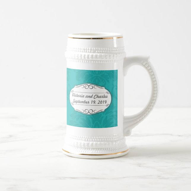 Caneca De Cerveja Casamento tema damasco de Chartreuse Turquoise Mod (Direita)