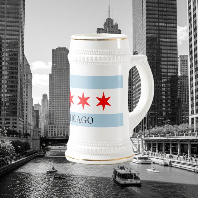 Caneca de cerveja com a bandeira de Chicago e text (Chicago flag beer stein)