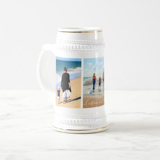 Caneca de cerveja com colagem de fotos e texto per (Frente Esquerda)