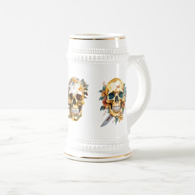 Caneca de cerveja com crânios de ouro (Frente Esquerda)