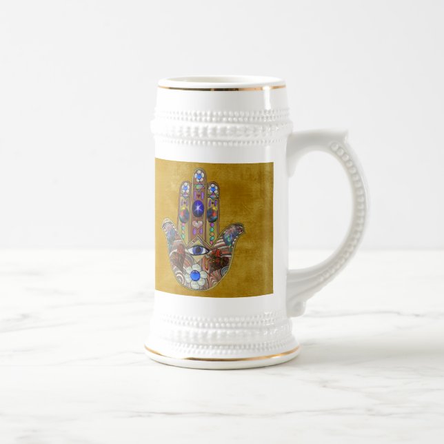 Caneca De Cerveja Corações Hamsa Flores Opala Arte em Ouro (Direita)