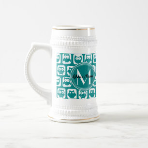 Caneca De Cerveja Corujas Brancas e Teais Monogramas