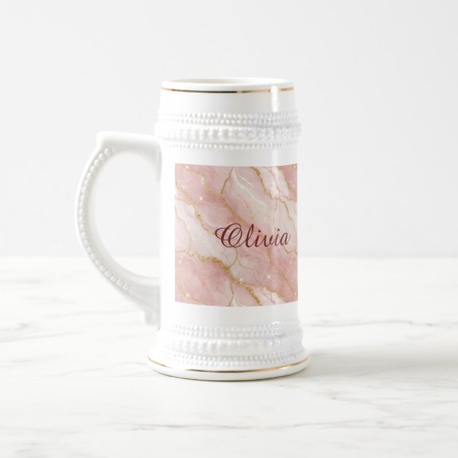 Caneca De Cerveja Custom Modern Rose Quartz Marble Gold Glitter (Esquerda)