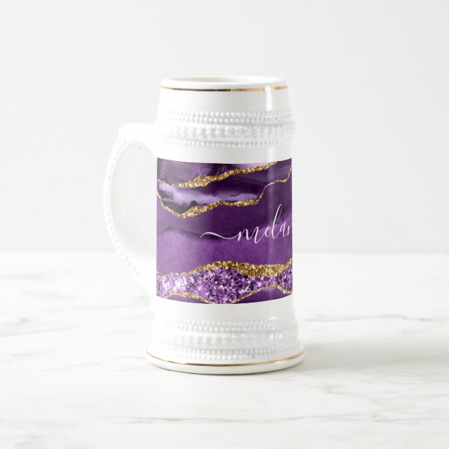 Caneca de cerveja de Cerveja Dourada Roxa com Nome (Frente Esquerda)