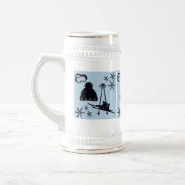 Caneca De Cerveja Desenhos de neve pretos, prateados e azuis.