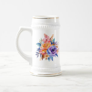 Caneca De Cerveja Design de Flores de Rosa em Aquarela-58392