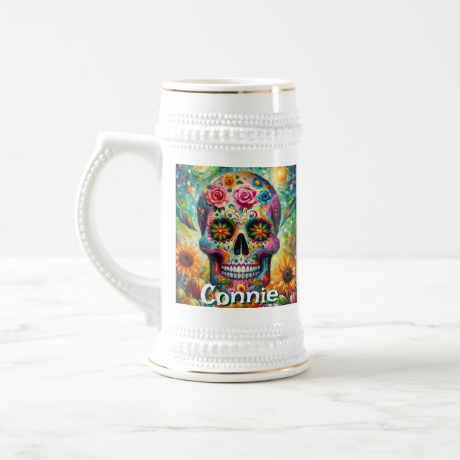 Caneca De Cerveja Dia do Crânio do Morto Floral Personalizado (Esquerda)