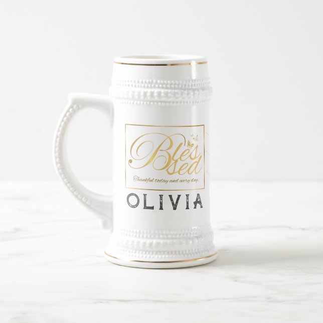 Caneca De Cerveja Dourada caligrafia personalizada Nome Ação de Graç (Esquerda)