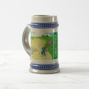 Caneca De Cerveja Duas Cartuns de Golfe Diversão com o Nome do Dest