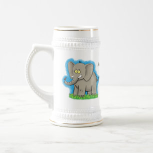 Caneca De Cerveja Elefante engraçado bonito com pássaro na caricat