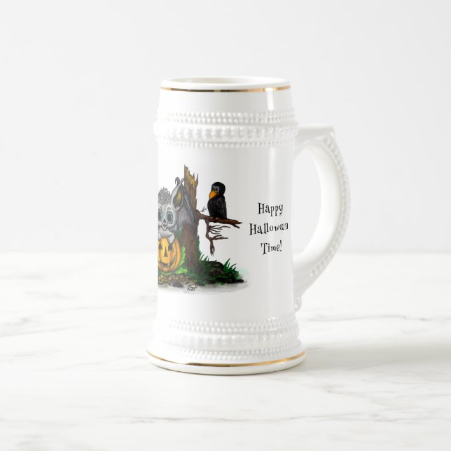 Caneca De Cerveja Esperando o Halloween, Cute Bat e Raven (Frente Esquerda)