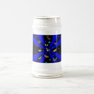 Caneca De Cerveja Estrelas, Pérolas e Borboletas em preto e azul