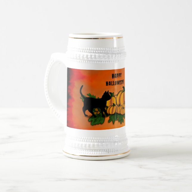 Caneca De Cerveja Feliz Dia das Bruxas, Gato Negro, Bat e Abóbora (Frente Esquerda)