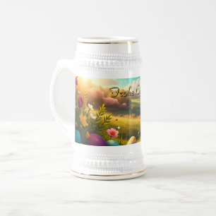 Caneca De Cerveja Feliz Páscoa em uma paisagem de primavera