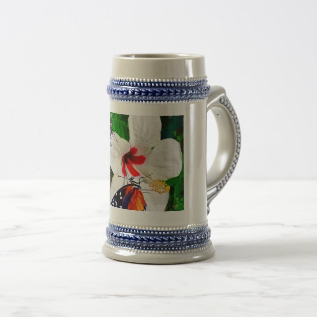 Caneca De Cerveja Flor de Hibiscus com 2 borboletas de Tigre (Frente Esquerda)