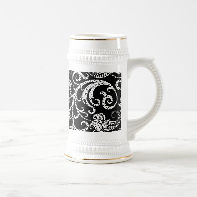 Caneca De Cerveja Flores dalmacianas negras, brancas, design de fund (Direita)