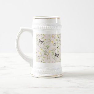 Caneca De Cerveja flores delicadas com uma borboleta em estilo chinê