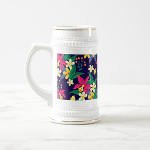 Caneca De Cerveja Flores Exóticas Coloridas Padrão Folhas-23021