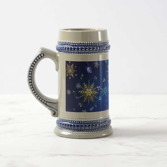Caneca De Cerveja Fundo Azul XMAS com Flocos de Neve Ouro (Esquerda)