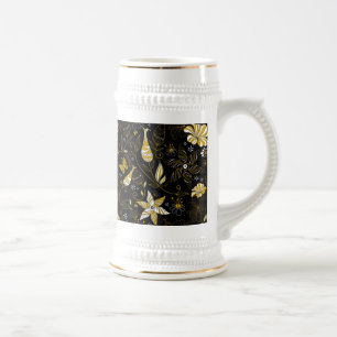 Caneca De Cerveja Fundo floral ouro preto-branco