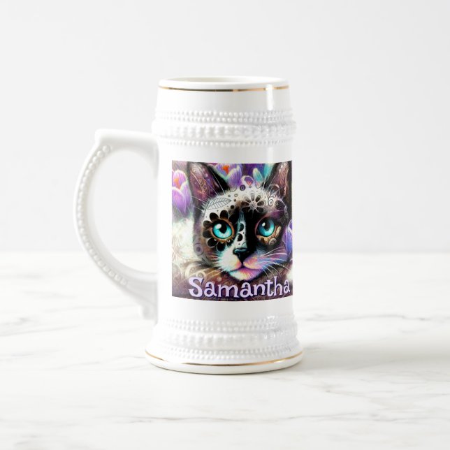 Caneca De Cerveja Gatinho Branco Siamês Gato Crocus Floral Personali (Esquerda)