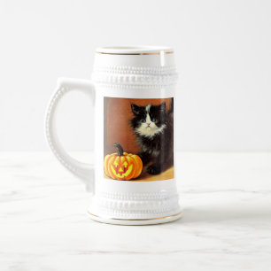Caneca De Cerveja Gatinho de Halloween Preto e Branco Vintage
