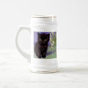 Caneca De Cerveja Gato de estilo Van Gogh com Flores Brancas