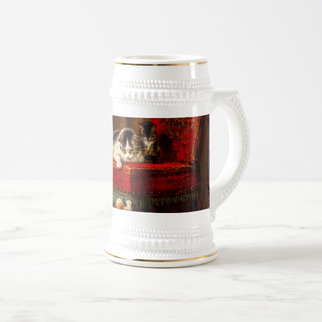 Caneca De Cerveja Gato e Gatinhos Brincando com Cadeira (Frente Esquerda)