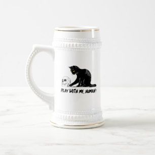 Caneca De Cerveja Gato Preto Com Caveira Brincando Comigo Cansado