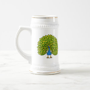 Caneca De Cerveja Ilustração de ave pavão brilhante divertida