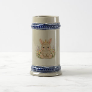 Caneca De Cerveja Ilustração de Coelho Pastel com Flores Silvestres