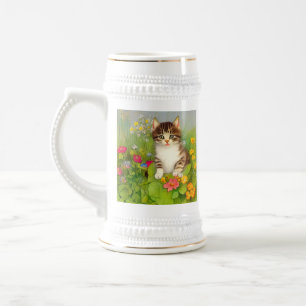 Caneca De Cerveja Ilustração de Gato de Sorriso de Vintage