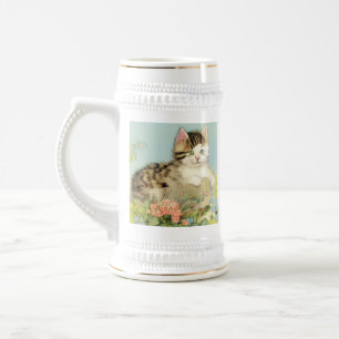Caneca De Cerveja Ilustração de Gato Vintage com Flores Rosa