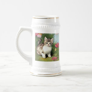 Caneca De Cerveja Ilustração de Gato Vintage com Flores Vermelhas