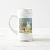 Ilustração Vintage Kitten com Flores Amarelas