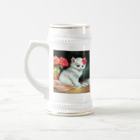Ilustração Vintage White Kitten com Flores Vermelh