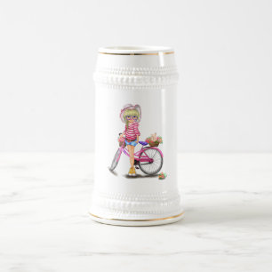 Caneca De Cerveja Loura-branca e bicicleta cor-de-rosa com gato nas