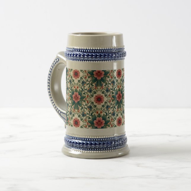 Caneca De Cerveja Magia Floral Boho - em Tons de Verde e Rosa (Frente Esquerda)