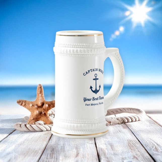 Caneca De Cerveja Marinho Náutico Azul Nome Personalizado do Capitão (Criador carregado)