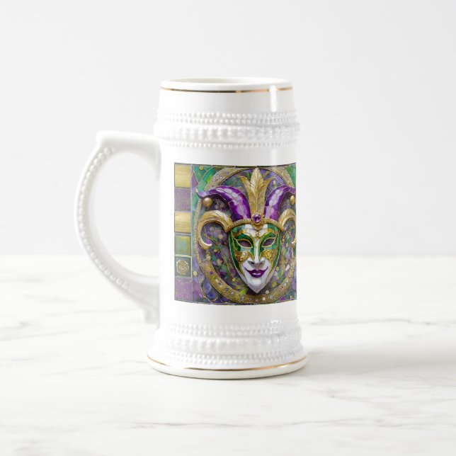 Caneca De Cerveja Máscara de Jester Mardi Gras Roxo Verde Dourado (Esquerda)