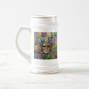 Caneca De Cerveja Máscara de Pena Colorida de Cerâmica e Ouro de Mar